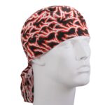 A black and red patterned bandana is tied around the head of a white mannequin head displaying a neutral expression in a plain background setting.
