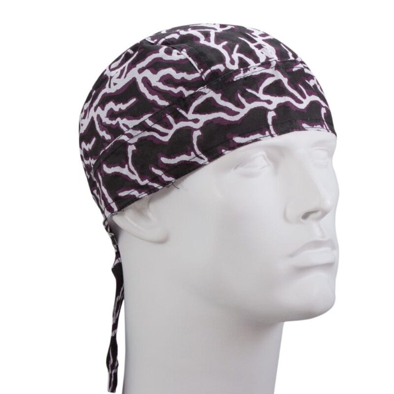 Purple Lightning Doo Rag A headband with a black and purple pattern is displayed wrapped around a mannequin's head the headband fits snugly with ties hanging down the sides suggesting it's designed for active use.
