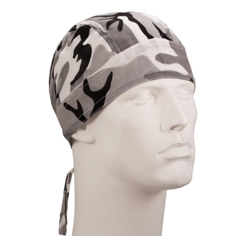 Urban Camo Doo Rag A gray and black camouflage bandana is displayed on a white mannequin head showcasing its design and fit in a neutral setting highlighting the pattern and style of the headwear.
