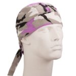 A camouflage-patterned bandana with purple accents is displayed on a mannequin head showcasing its design and fit in a neutral studio setting