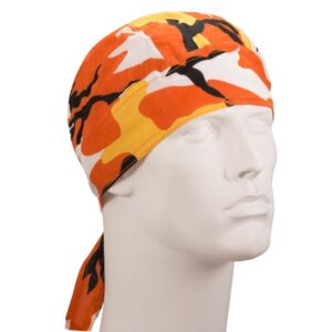 A colorful bandana in orange and yellow camouflage is displayed on a white mannequin head with a smooth surface creating a focus on the fabric and its vibrant pattern.