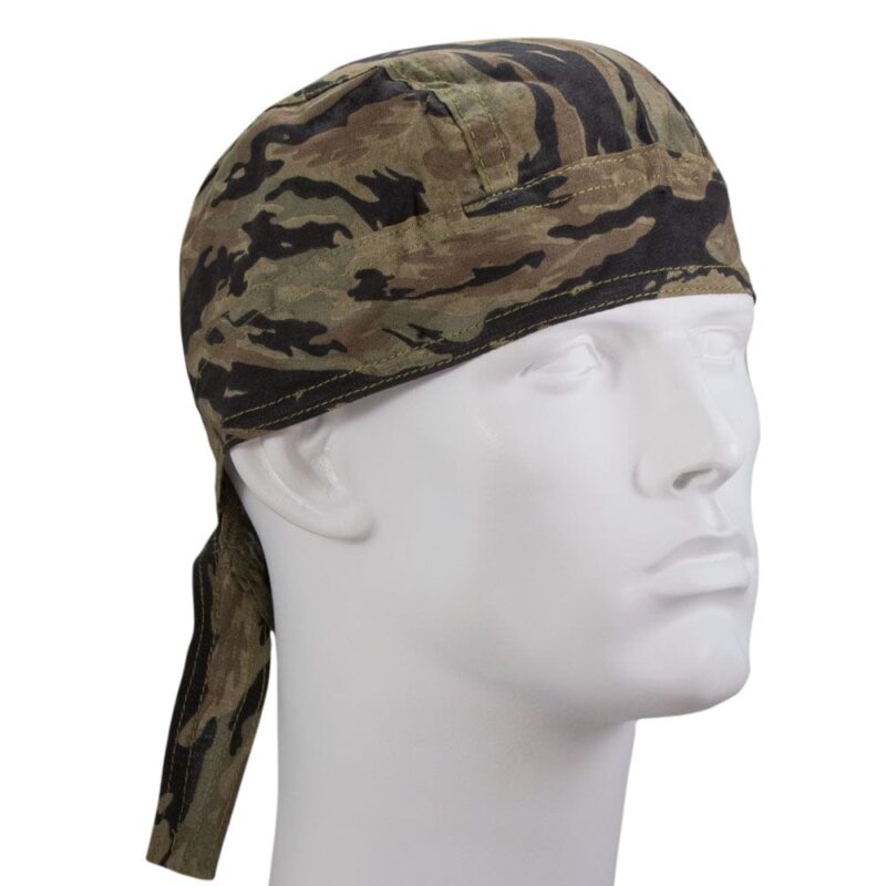 Woodland Camo Doo Rag A camouflage-patterned bandana is worn on the head of a white mannequin bust showing only the head and neck in a neutral setting without additional background details.