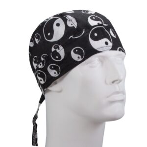 A black bandana with white yin-yang symbols is worn on the head of a white mannequin bust facing slightly to the right against a plain background.