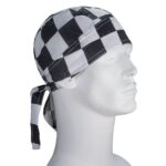 A checkered black and white bandana is tied around the head of a mannequin displaying a neutral expression in a plain background.