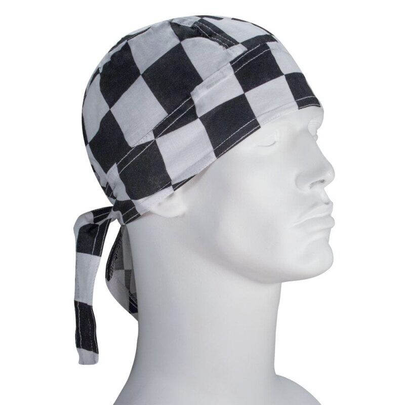 A checkered black and white bandana is tied around the head of a mannequin displaying a neutral expression in a plain background.
