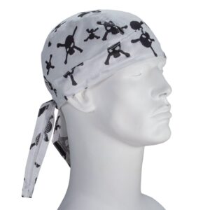 A white bandana with black skull and crossbones designs is worn on the head of a mannequin facing to the right in a plain background. The bandana is tied at the back.