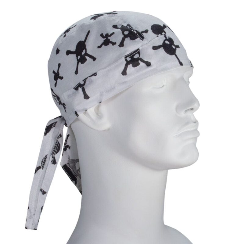 Tossed Black Skulls and Crossbones on White Doo Rag A white bandana with black skull and crossbones patterns is tied around the head of a mannequin facing sideways in a neutral setting without any additional context or distractions.