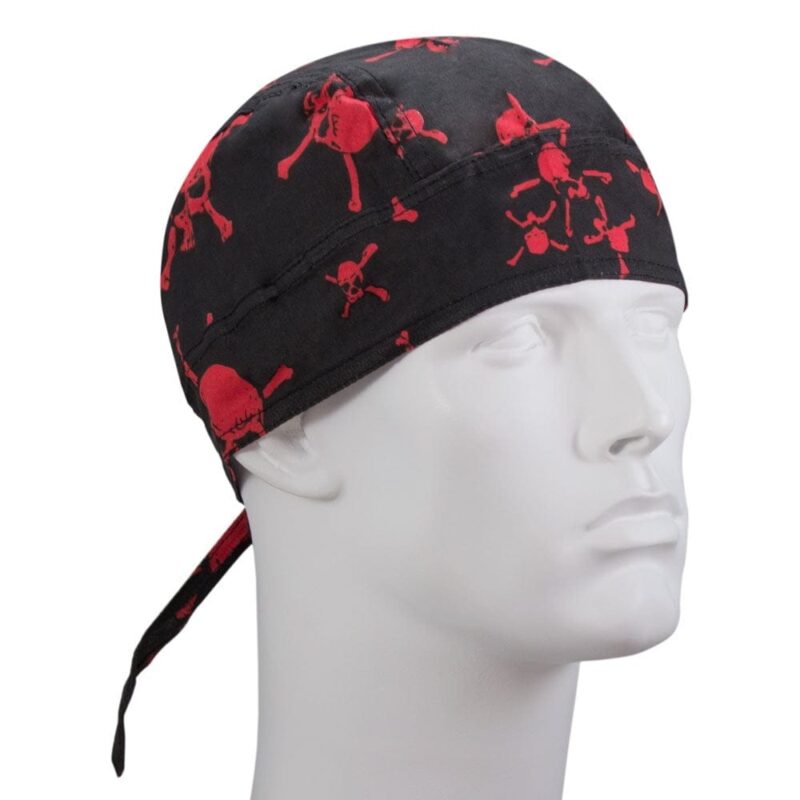 Tossed Red Skulls and Crossbones on Black Doo Rag A black bandana with red skull and crossbones patterns is worn on a mannequin's head emphasizing a rebellious or edgy style in a neutral display environment.