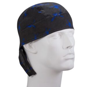 A black bandana with blue designs is positioned on a mannequin head facing slightly right  the bandana covers the forehead and has ties hanging down the sides.
