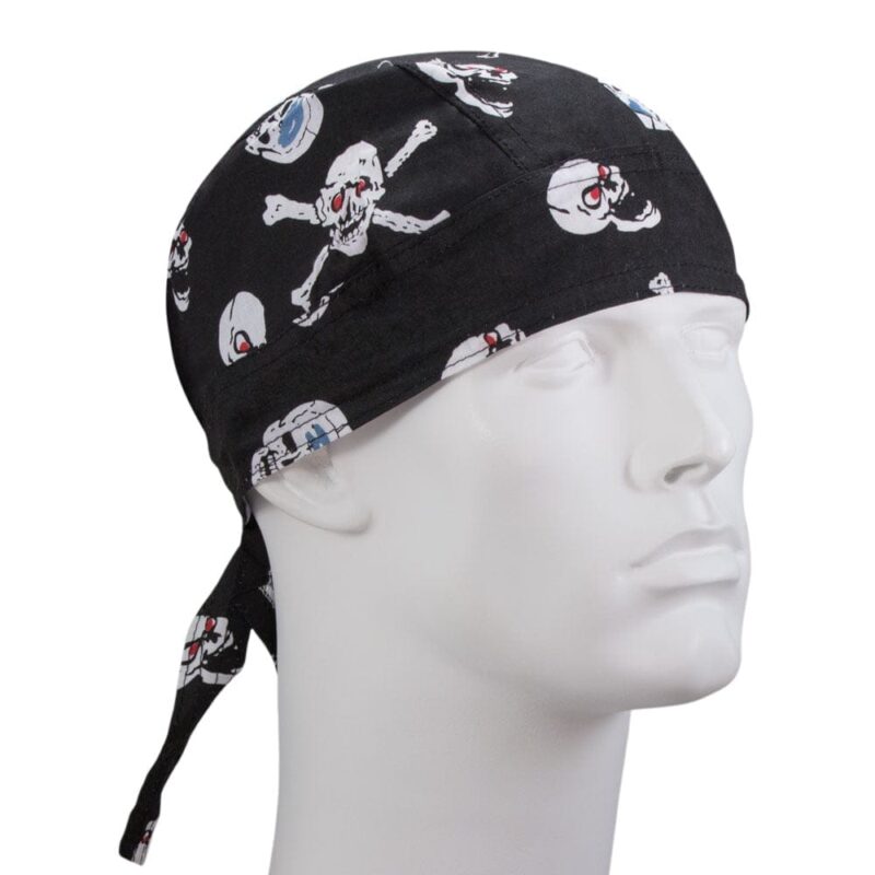 A black bandana featuring white skull and crossbones designs is displayed on a mannequin head angled slightly to the right in a neutral background.