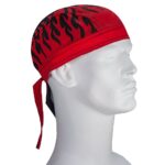 A red bandana with black flame patterns is worn on the head of a white mannequin facing slightly right in a neutral environment. The bandana is tied at the back.