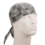 A gray patterned bandana is worn on the head of a mannequin with a neutral expression in a plain background displaying the bandana's texture and design.