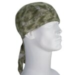 A green patterned bandana is worn tied at the back of a white mannequin's head positioned to face slightly right against a plain background