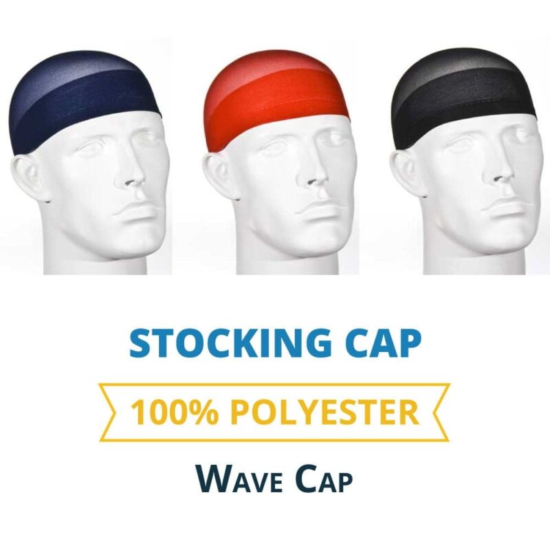 Three mannequin heads wear different colored stocking caps in dark blue  red  and black. Text labels the caps as "Stocking Cap 100% Polyester Wave Cap" on a white background.