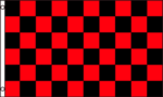 A rectangular flag features a bold pattern of alternating red and black squares arranged in a checkerboard style against a white edge with grommets for display.
