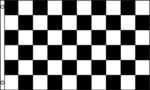 A rectangular flag features a pattern of alternating black and white squares arranged in a checkerboard design located on a flat surface.