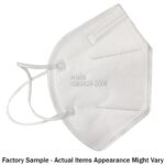 A white KN95 mask is displayed against a plain background with two ear straps attached the mask features text stating its model number and a note about appearance variations.