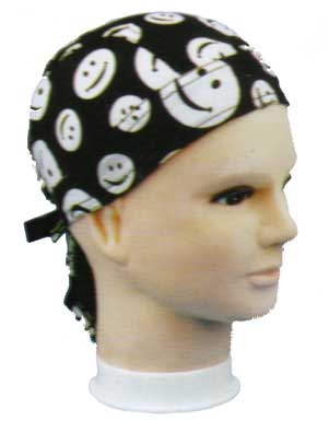 A black bandana with white smiley faces is displayed on a mannequin head showcasing the design and fit while emphasizing its use as a fashion accessory or headwear.