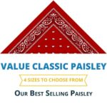 A red paisley bandana is displayed prominently with decorative patterns along the edges. Text indicates it is a value classic paisley available in four sizes  labeled as best selling.