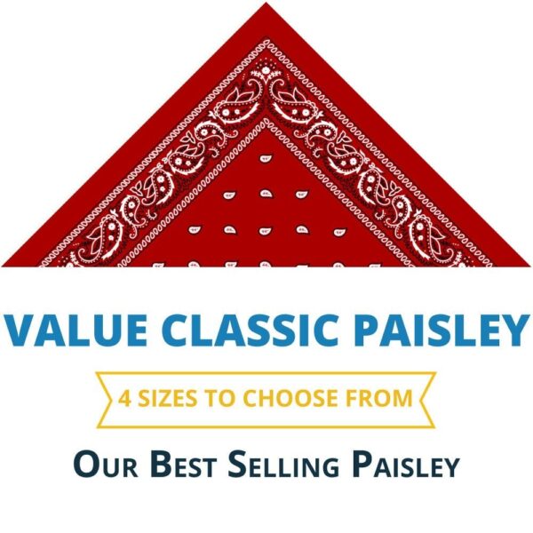 A red paisley bandana is displayed prominently with decorative patterns along the edges. Text indicates it is a value classic paisley available in four sizes  labeled as best selling.