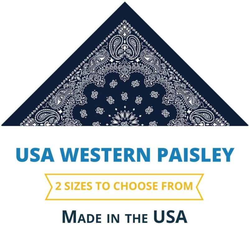 A triangular bandana features a dark blue paisley pattern with white designs. Text below states USA WESTERN PAISLEY 2 SIZES TO CHOOSE FROM MADE IN THE USA.