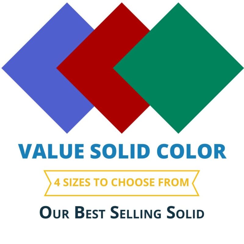 Solid Color Handkerchiefs - Imported - 100% cotton Three diamond-shaped color swatches in blue red and green are displayed above text that reads VALUE SOLID COLOR 4 SIZES TO CHOOSE FROM OUR BEST SELLING SOLID