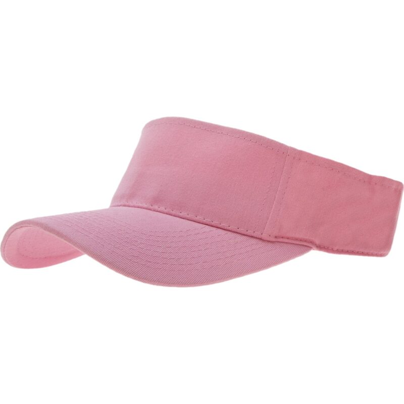 Light Pink Sun Visor Hat - Single Piece A pink visor hat sits angled on a flat surface showcasing its wide brim and fabric texture designed for sun protection in outdoor activities.