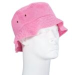 A pink bucket hat rests on a white mannequin head showcasing its wide brim and casual style without any text present