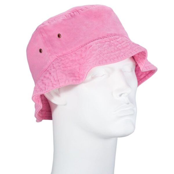 A pink bucket hat rests on a white mannequin head showcasing its wide brim and casual style without any text present