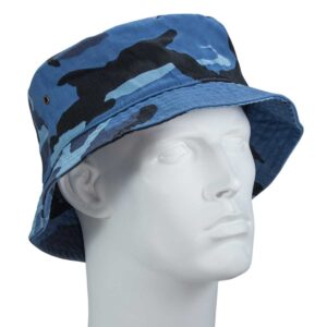 A blue camo bucket hat rests on a white mannequin head showcasing its wide brim and soft texture in a plain background highlighting its design without any distractions.