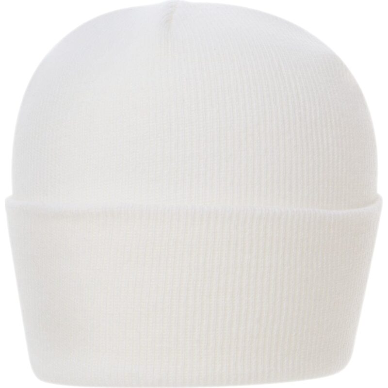 Classic Ski Hat A white beanie is displayed upright with a ribbed texture the beanie is designed to keep the head warm in cold weather conditions.
