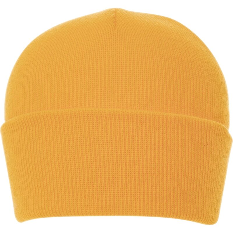 Classic Ski Hat A yellow knit beanie is displayed facing forward resting flat its texture is ribbed and it has a folded cuff at the bottom creating a simple and cozy appearance.