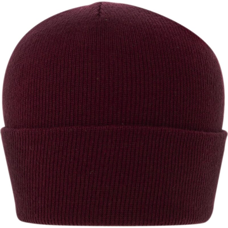 Classic Ski Hat A maroon beanie hat is presented upright showcasing its soft knitted texture and fold at the bottom in a neutral background free from distractions.