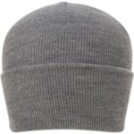 A gray knitted beanie is displayed upright showcasing its textured fabric and rolled cuff the design is simple yet practical for warm head covering in cold weather contexts.