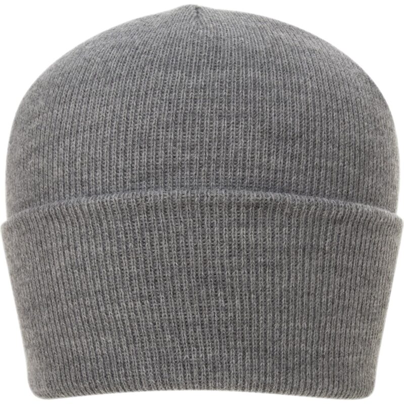 Classic Ski Hat A gray knitted beanie is displayed upright showcasing its textured fabric and rolled cuff the design is simple yet practical for warm head covering in cold weather contexts.