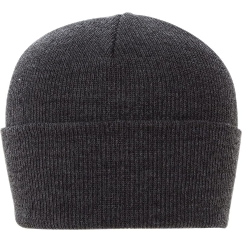 A dark gray knitted beanie sits upright displaying a snug fit with a rolled cuff on the lower edge in a neutral background suggesting a casual winter accessory.