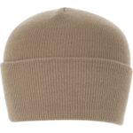 A brown knit beanie sits upright showcasing its soft texture and turned-up cuff against a plain white background  indicating it's designed for warmth and comfort in cooler settings.