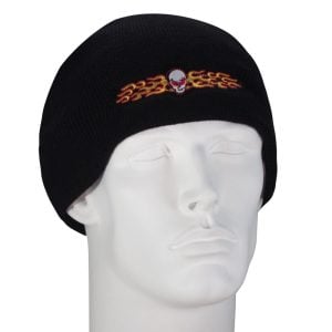 Flaming Skull Embroidered Black Beanie