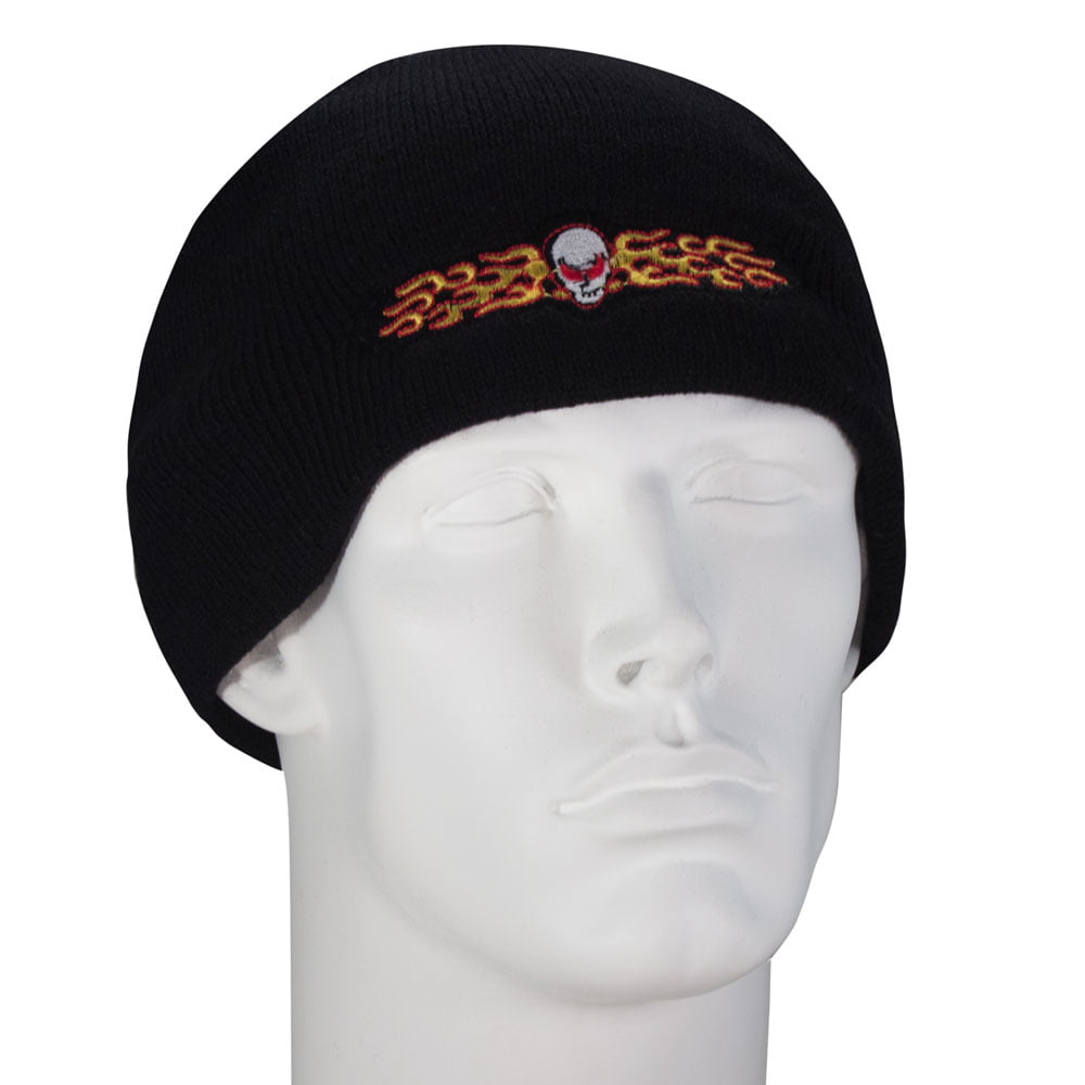 Flaming Skull Embroidered Black Beanie - 144pcs - Case