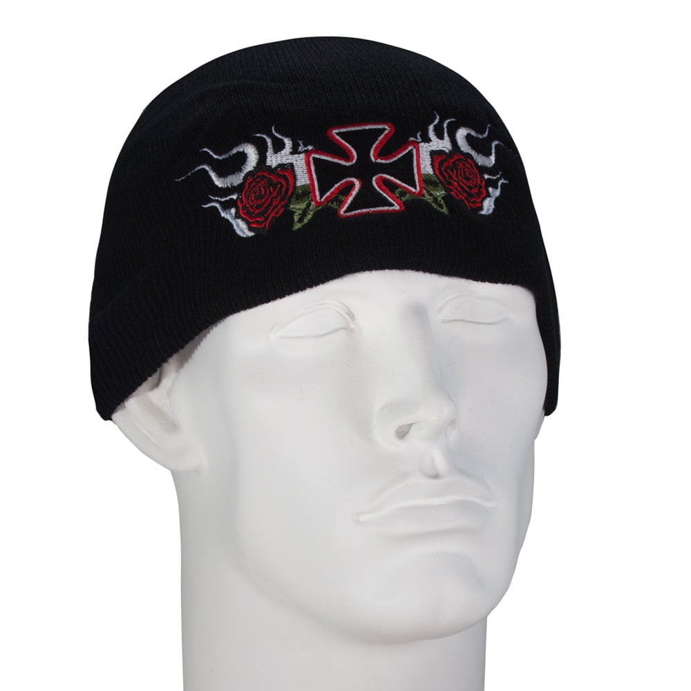 12pcs Maltese Cross and Roses Embroidered Black Beanie - Dozen Packed