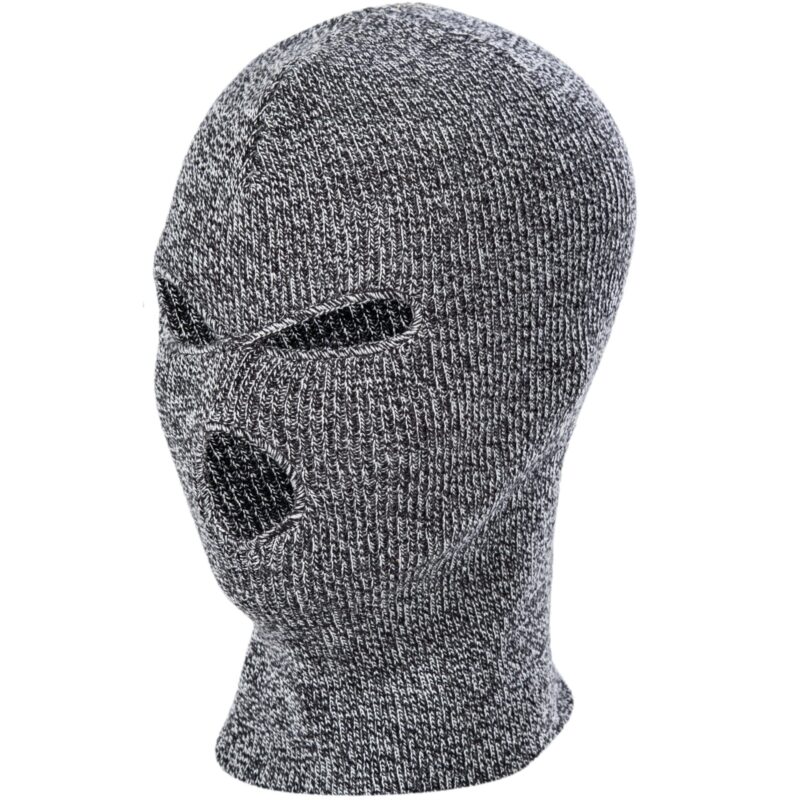 A gray knit ski mask designed to cover the entire head with cutouts for the eyes and mouth creating an intimidating appearance often associated with covert or criminal activities.