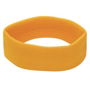 A yellow fabric headband rests flat on a surface showcasing its elastic texture designed to hold hair back during activities or workouts in a casual indoor setting.