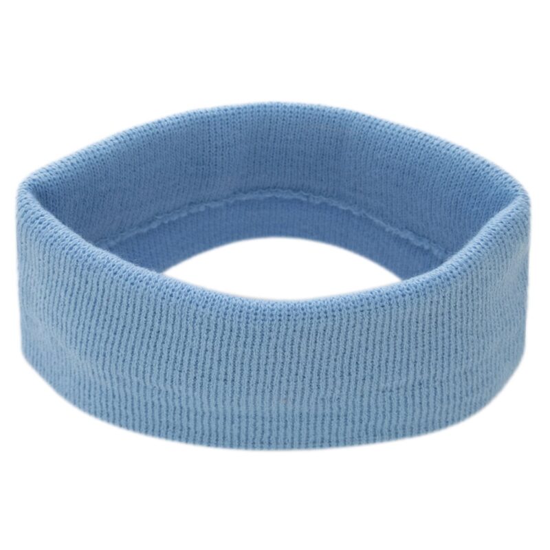 Stretch Headband - Made in USA A blue fabric headband is displayed lying flat it has a smooth texture and rounded shape designed to hold hair back in a casual or athletic context