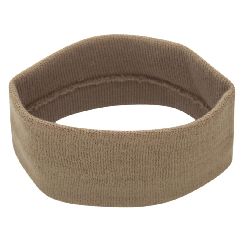 A beige fabric headband lies flat with a slightly rounded top edge and a smooth texture designed to hold hair back in various activities or casual wear on a plain background.