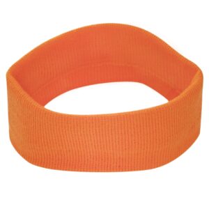 An orange fabric headband rests flat showcasing a textured surface with consistent ribbing designed to keep hair in place during physical activities or sports in an indoor or outdoor setting.