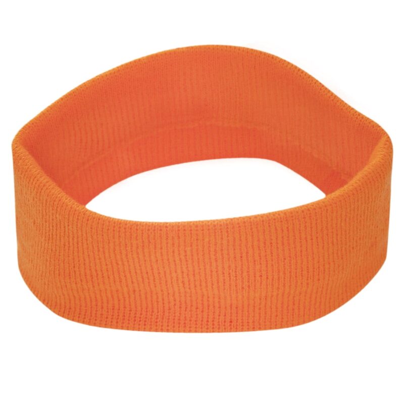 Stretch Headband - Made in USA An orange fabric headband rests flat showcasing a textured surface with consistent ribbing designed to keep hair in place during physical activities or sports in an indoor or outdoor setting.