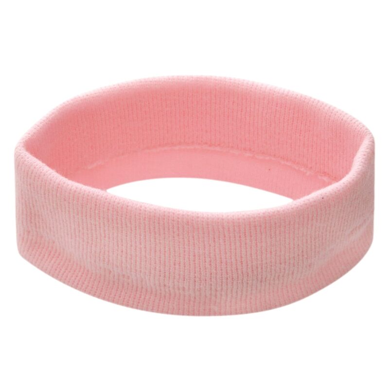 Pink Stretch Headband - Single Piece - Made in USA A soft pink fabric headband rests flat showcasing its round shape and ribbed texture designed to hold hair in place during activities in casual or athletic settings.