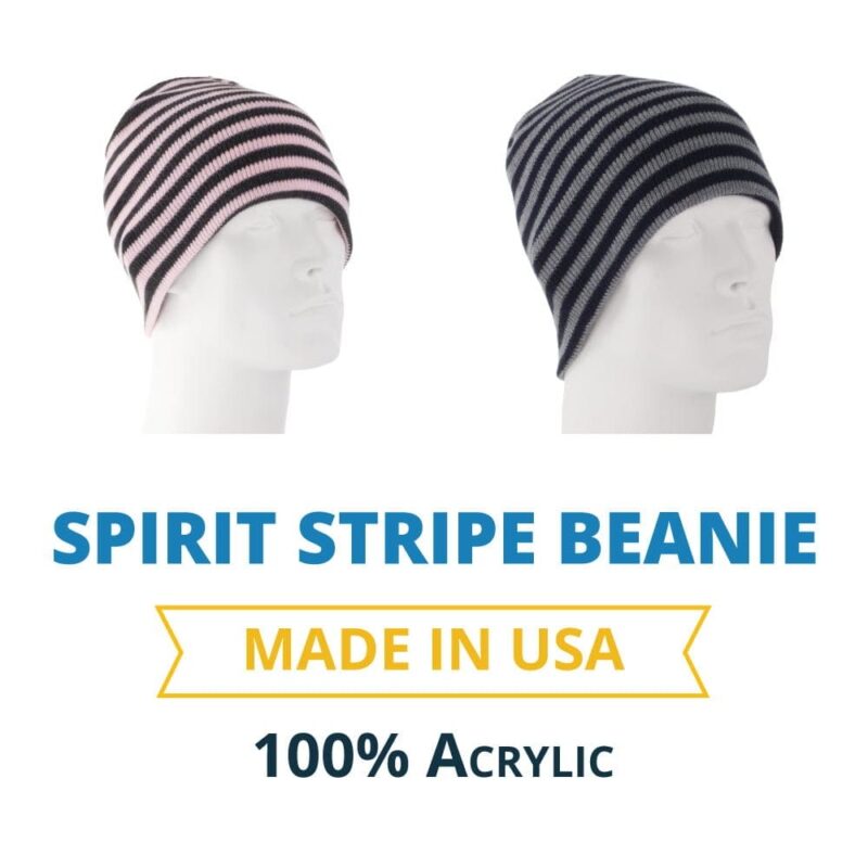 Spirit Striped Beanie - Made in USA Two striped beanies are displayed side by side on white mannequins the left is pink and black while the right is navy and light gray text below states SPIRIT STRIPE BEANIE MADE IN USA 100% ACRYLIC