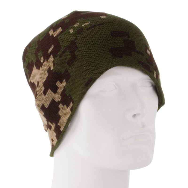Digital Camo Beanie - Made in USA A camouflage beanie is displayed on a mannequin head showcasing a green and brown pattern designed for outdoor use in natural environments providing warmth in cold conditions.