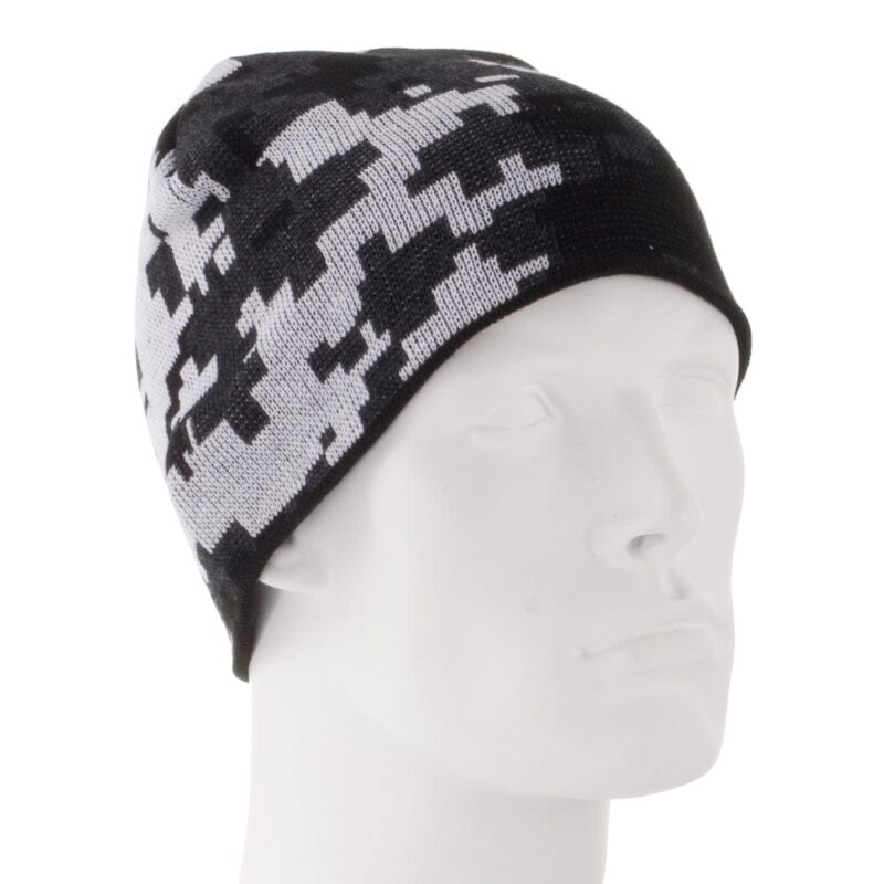 A beanie hat with a black and gray camouflage pattern is displayed on a smooth white mannequin head against a plain white background. The hat is snugly fitted.